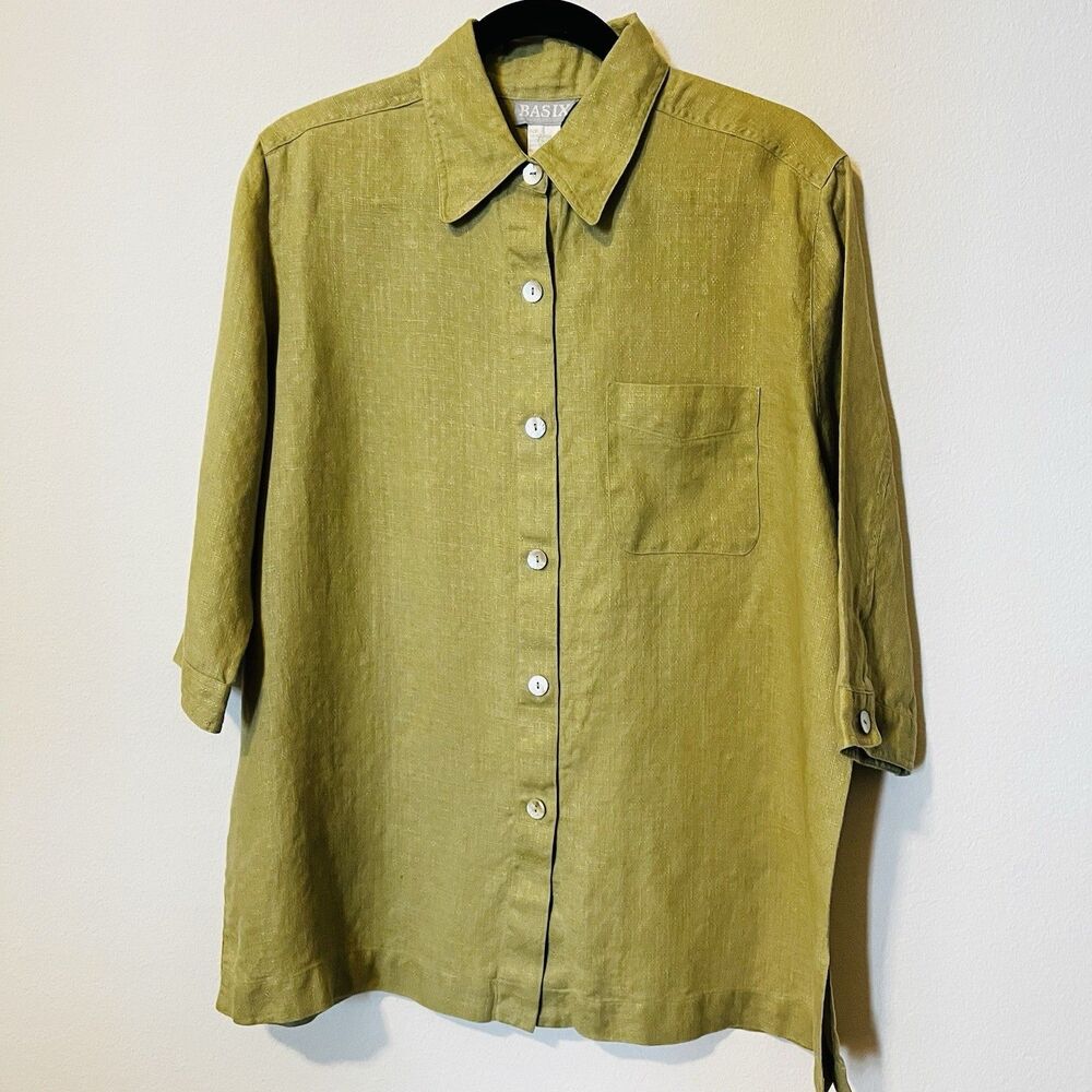 Basix Women's Green 100% Linen 3/4 Sleeve Button Up Blouse 1 Pocket Vented Back